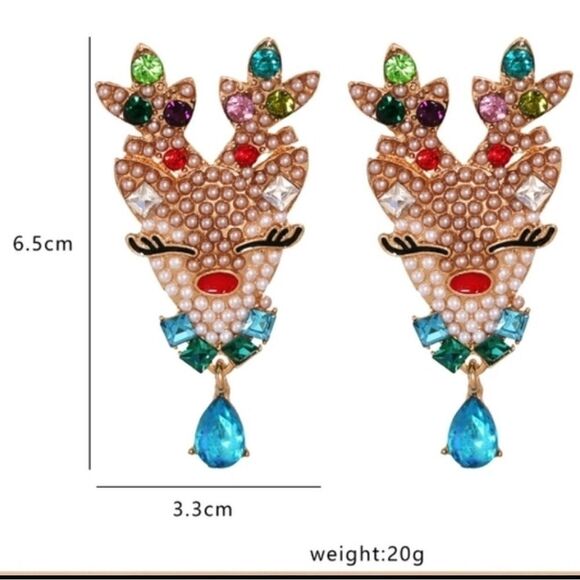 Cb#1 REINDEER RHINESTONE CHRISTMAS EARRINGS - Picture 3 of 6